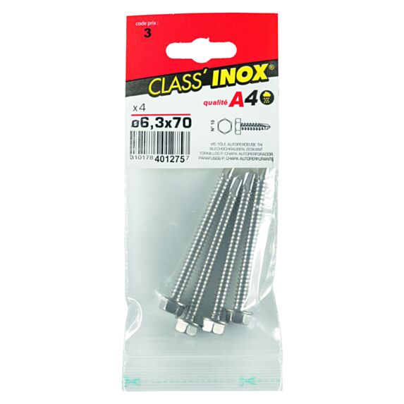 4 vis tôle autoperceuses inox A4 6,3x70 - CLASS'INOX