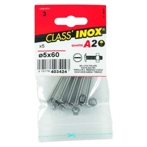 5 boulons poeliers inox A2 5x60 - CLASS'INOX