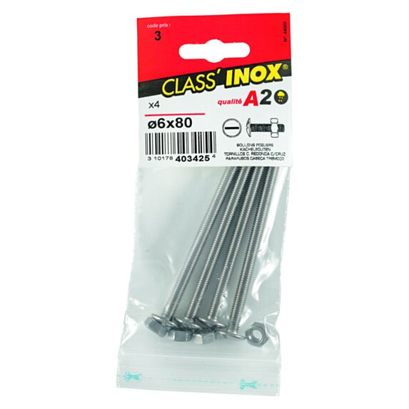 4 boulons poeliers inox A2 6x80 - CLASS'INOX