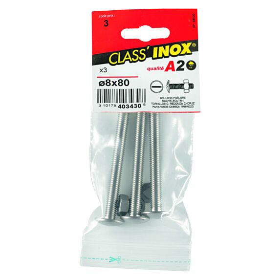 3 boulons poeliers inox A2 8x80 - CLASS'INOX