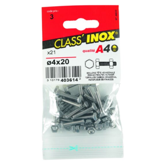 21 boulons tête hexagonale inox A4 4x20 - CLASS'INOX