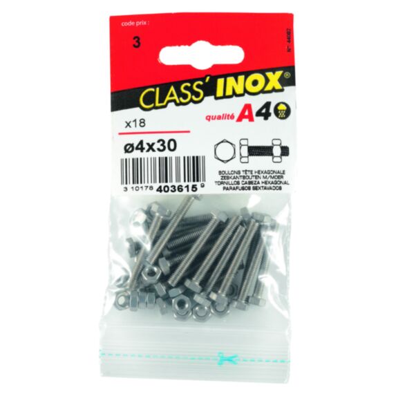 Boulons tête homme x 18 inox A4 4x30 - VYNEX