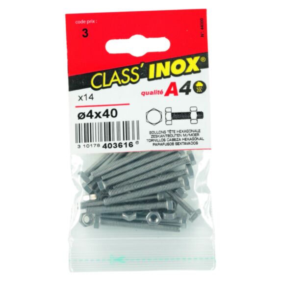 14 boulons tête hexagonale inox A4 4x40 - CLASS'INOX