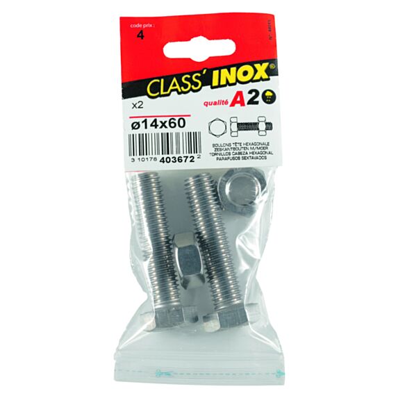 2 boulons tête hexagonale inox A2 14x60 - CLASS'INOX