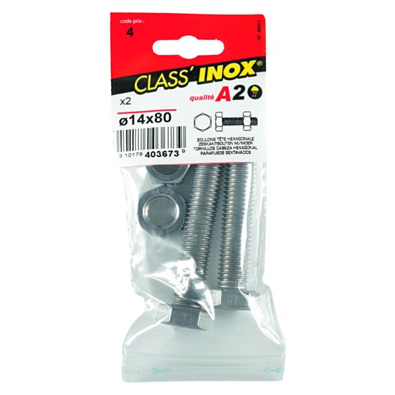 2 boulons tête hexagonale inox A2 14x80 - CLASS'INOX