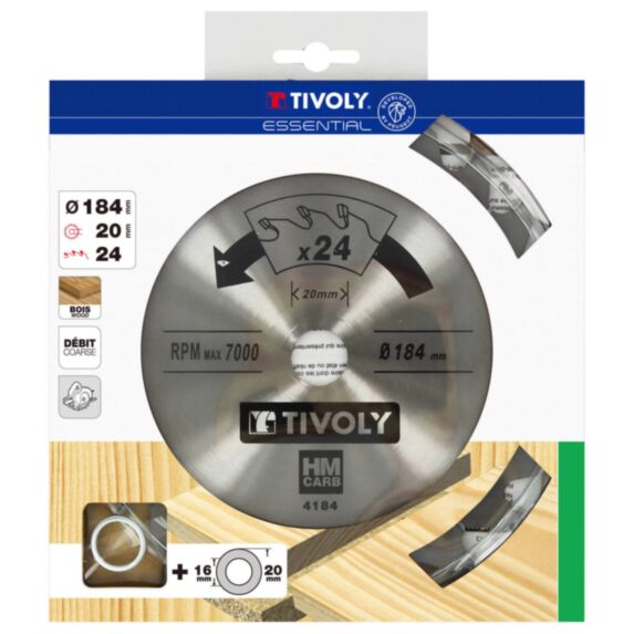 Lame scie circulaire bois Ø184 mm/24 dents alésage 20-16mm