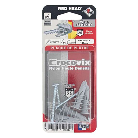 4 Chevilles Crocovix Autoforeuses Charges Moyennes + Vis TR Ø4,5x45mm - RED HEAD