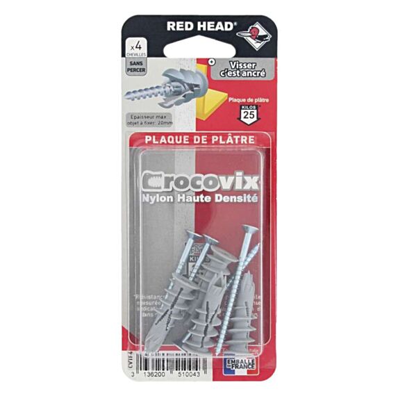 4 Chevilles Crocovix Autoforeuses Charges Moyennes + Vis TR Ø4,5x60mm - RED HEAD