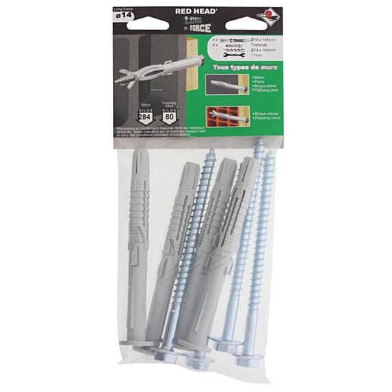 4 Chevilles Longforce Ø14x145mm + Vis TF THR - RED HEAD