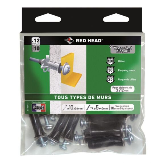 12 chevilles Xtech Ø10x36mm + vis universelle - RED HEAD