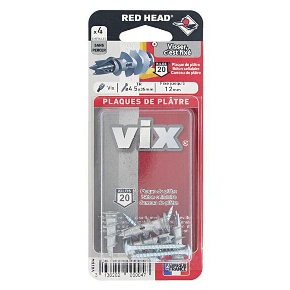4 Chevilles Vix Autoforeuses + Vis TR Ø4,5x35mm - RED HEAD