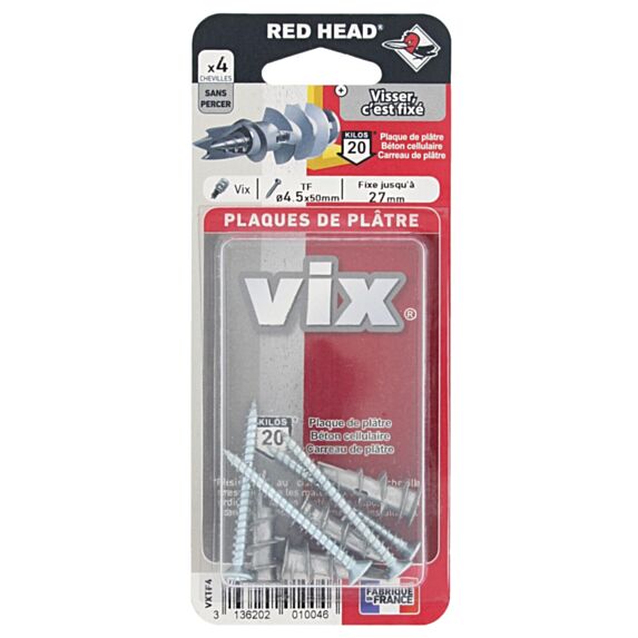 4 Chevilles Vix Autoforeuses + Vis TF Ø4,5x50mm - RED HEAD