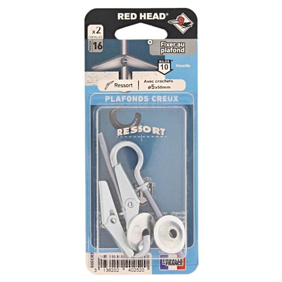 2 Chevilles Ressorts + Crochets Ø5x50mm + Rondelles Plafonds - RED HEAD