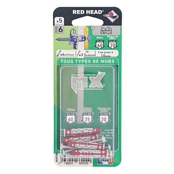 5 Chevilles Nylon Autobloquante Ø6x37mm + Vis TR 3,5x50mm - RED HEAD