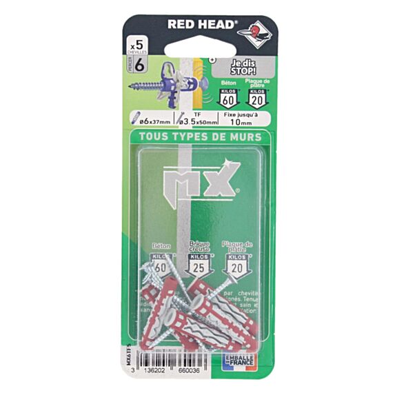 5 Chevilles Nylon Autobloquante Ø6x37mm + Vis TF 3,5x50mm - RED HEAD