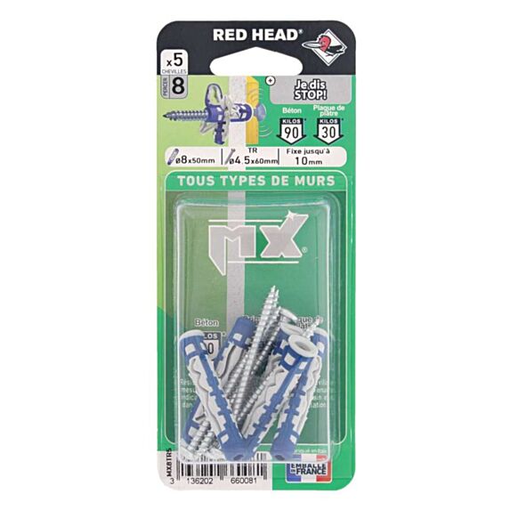 5 Chevilles Nylon Autobloquante Ø8x50mm + Vis TR 4,5x60mm - RED HEAD