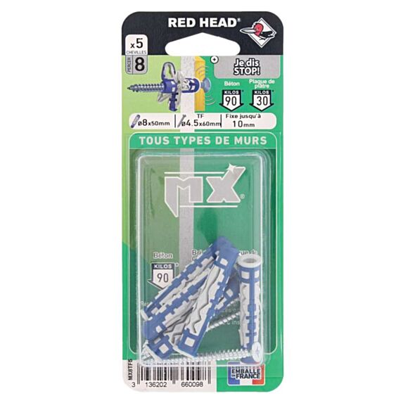 5 Chevilles Nylon Autobloquante Ø8x50mm + Vis TF 4,5x60mm - RED HEAD