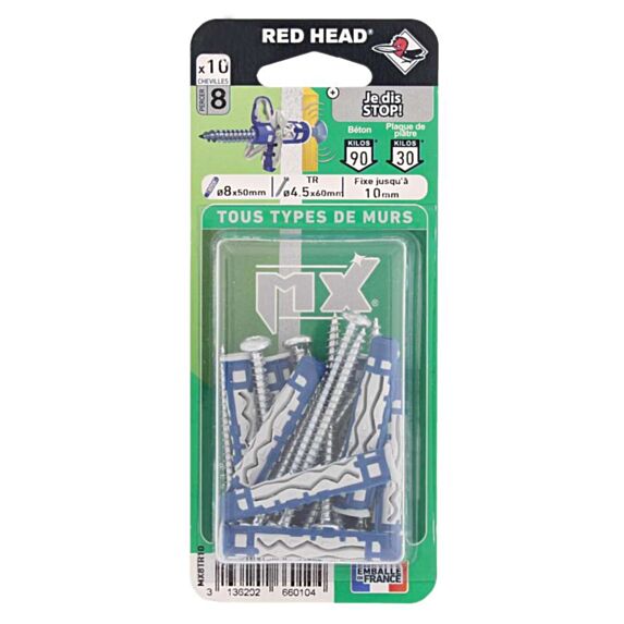10 Chevilles Nylon Autobloquante Ø8x50mm + Vis TR 4,5x60mm - RED HEAD
