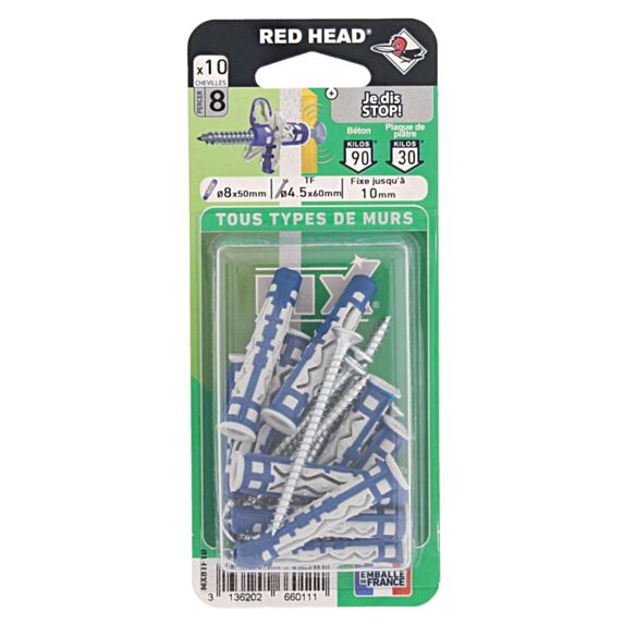 10 Chevilles Nylon Autobloquante Ø8x50mm + Vis TF 4,5x60mm - RED HEAD