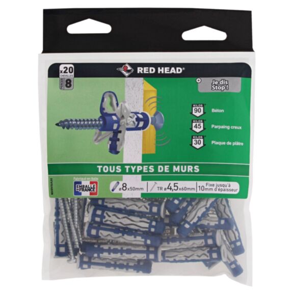 20 Chevilles MX Ø8x50mm + Vis TR Ø4,5x55mm - RED HEAD