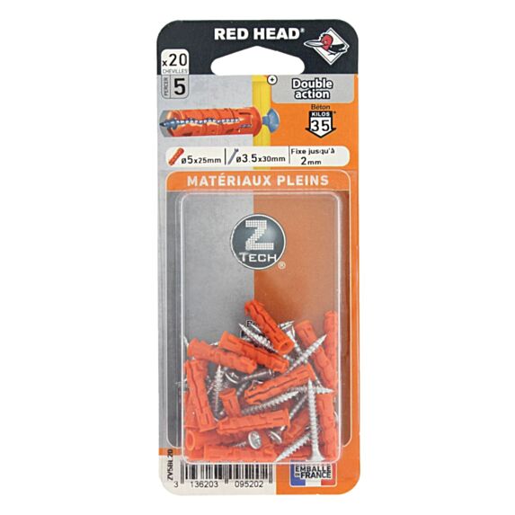 20 Chevilles Ztech Matériaux Pleins Ø5x25mm + Vis Ø3,5x30mm - RED HEAD