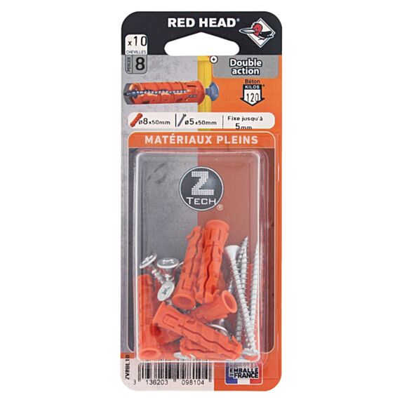 10 Chevilles Ztech Matériaux Pleins Ø8x50mm + Vis Ø5x50mm - RED HEAD