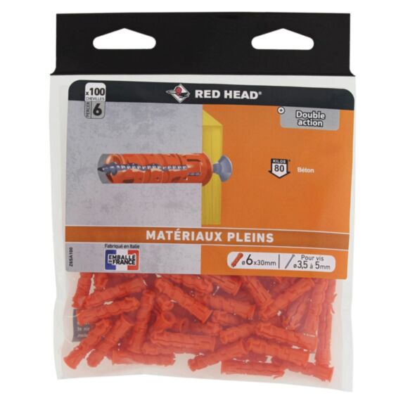 100 Chevilles Ztech Matériaux Pleins Ø6x30mm - RED HEAD