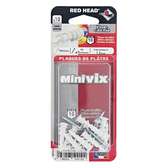 10 Chevilles Minivix Autoforeuses + Vis TR Ø3x25mm - RED HEAD