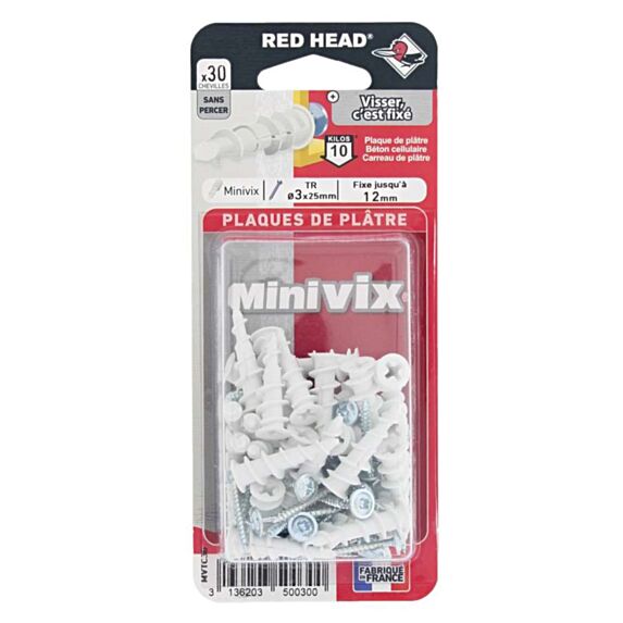 30 Chevilles Minivix Autoforeuses + Vis TR Ø3x25mm - RED HEAD