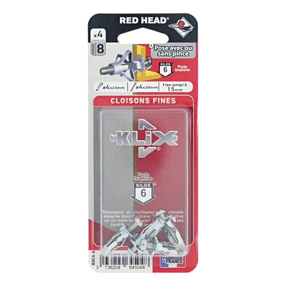 4 Chevilles Klix Métalliques Ø4x23mm + Vis TR Ø4x30mm - RED HEAD