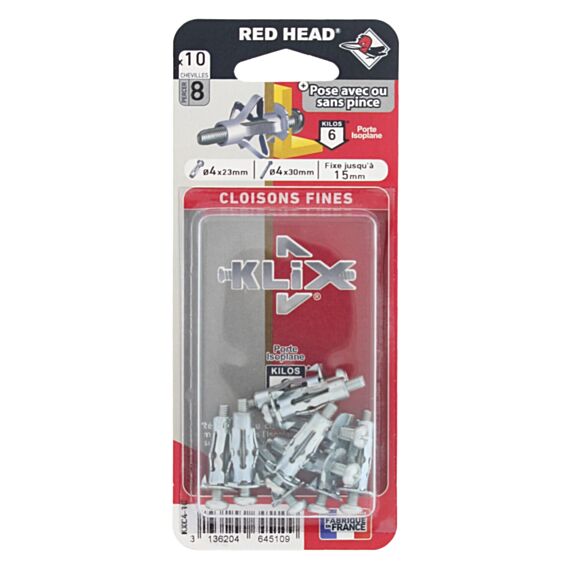 10 Chevilles Klix Métalliques Ø4x23mm + Vis TR Ø4x30mm - RED HEAD
