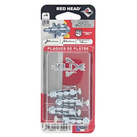 4 Chevilles Klix Métalliques Ø5x34mm + Vis TR Ø5x40mm - RED HEAD
