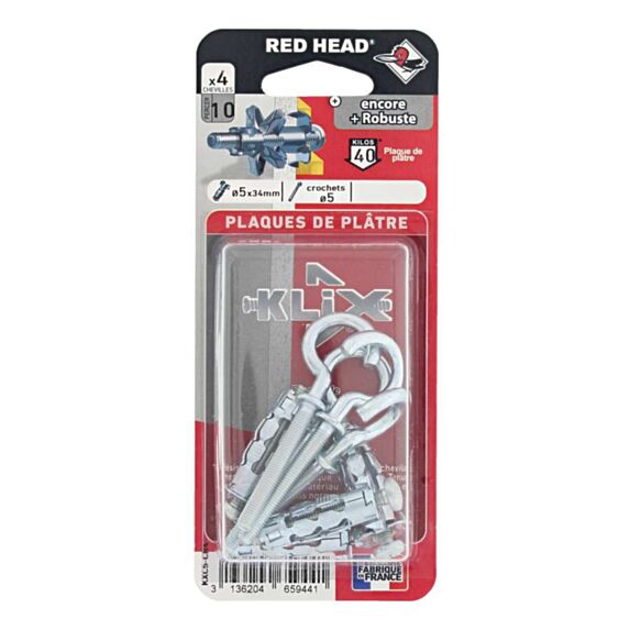 4 Chevilles Klix Métalliques Ø5x34mm + 5 Crochets - RED HEAD