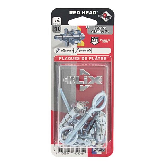  4 Chevilles Klix Ø5x34mm + 5 Piton - RED HEAD 