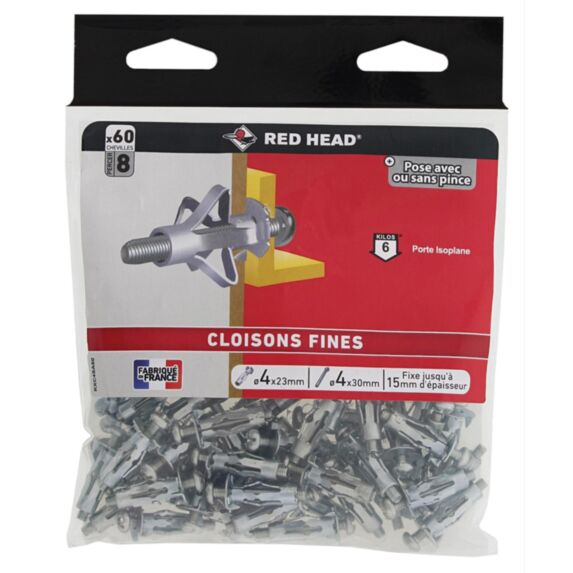 60 chevilles Klix Ø4 x 23 mm + vis TR Ø4 x 30 mm - RED HEAD