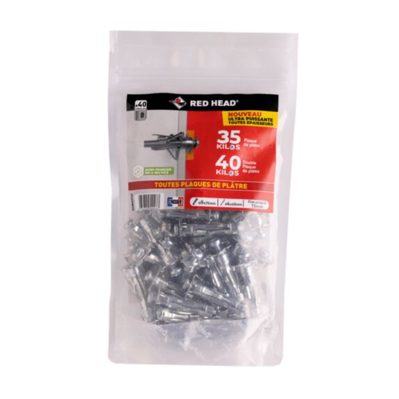 40 chevilles Superklix Ø8 x 35 mm + vis TR Ø4 x 40 mm - RED HEAD