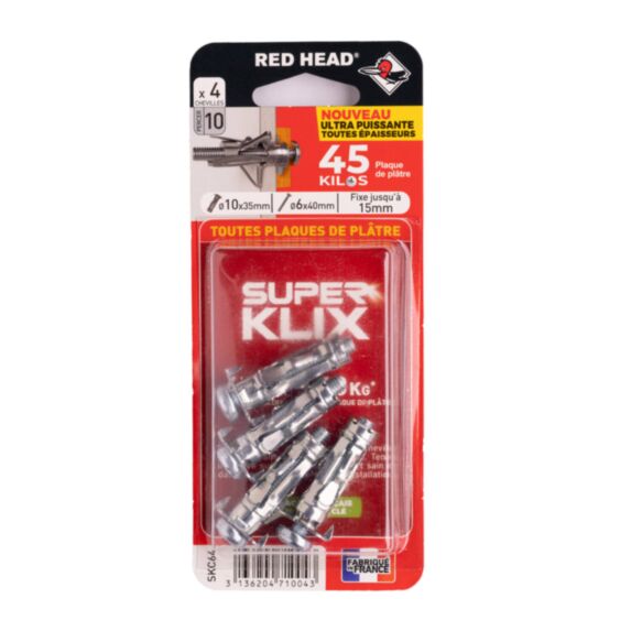 4 chevilles Superklix Ø10 x 35 mm + vis TR Ø6 x 40 mm - RED HEAD