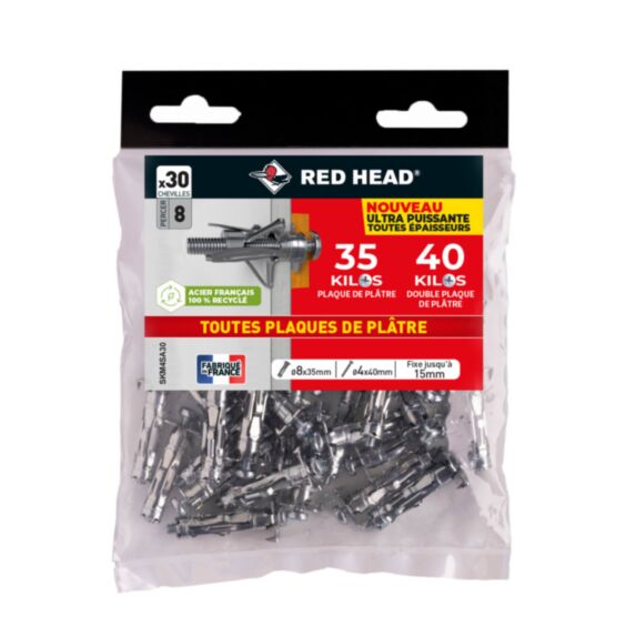 30 chevilles Superklix Ø8 x 35 mm + vis TR Ø4 x 40 mm - RED HEAD