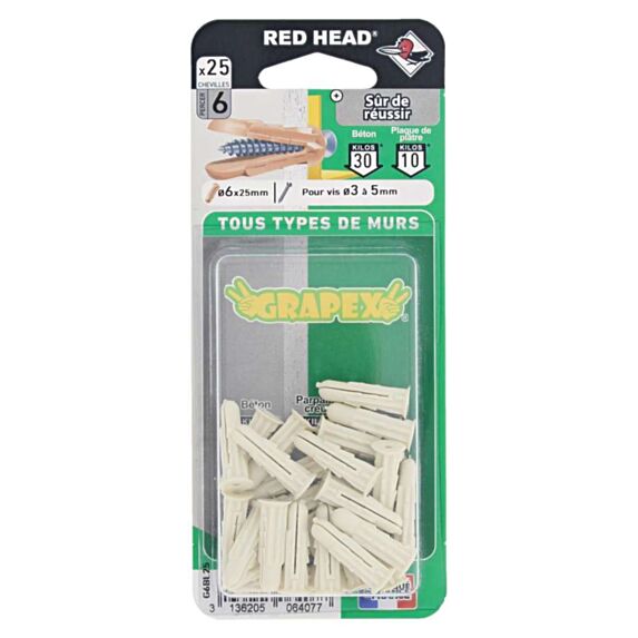 25 Chevilles Grapex Polypropylène Ø6x25mm - RED HEAD