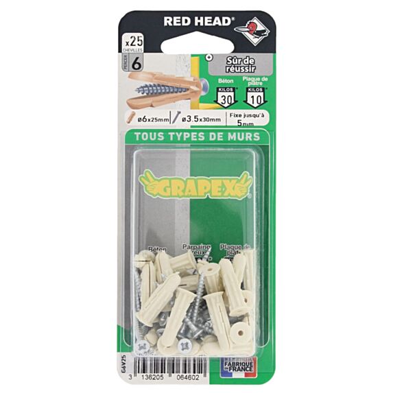 25 chevilles polypropylène ø6 + vis - RED HEAD