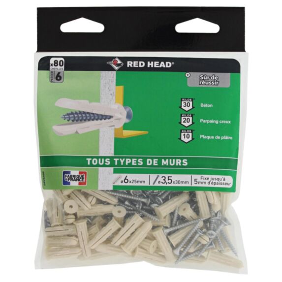 80 Chevilles Grapex Ø6x25mm + Vis TF Ø3,5x30mm - RED HEAD