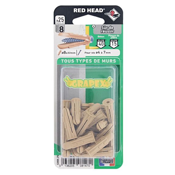 25 Chevilles Grapex Polypropylène Ø8x32mm - RED HEAD