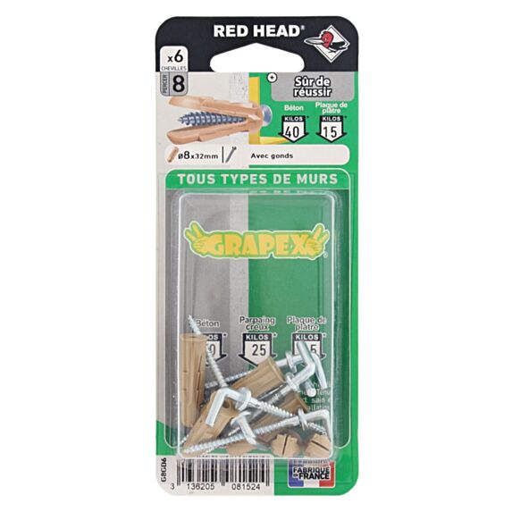 6 chevilles polypropylène de ø8x32mm + gonds - RED HEAD