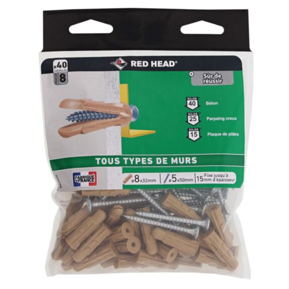 40 Chevilles Grapex Ø8x32mm + Vis TF Ø5x50mm - RED HEAD