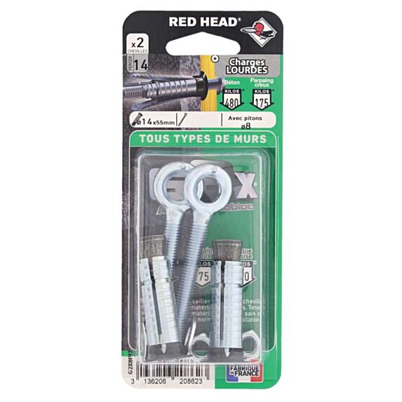2 Chevilles G2X Ø14x55mm + 8 Pitons - RED HEAD