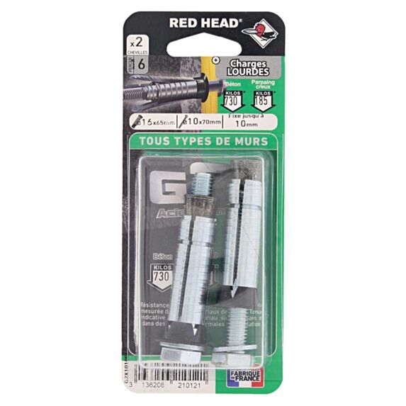 2 Chevilles G2X Ø16x65mm + Vis TH Ø10x70mm - RED HEAD