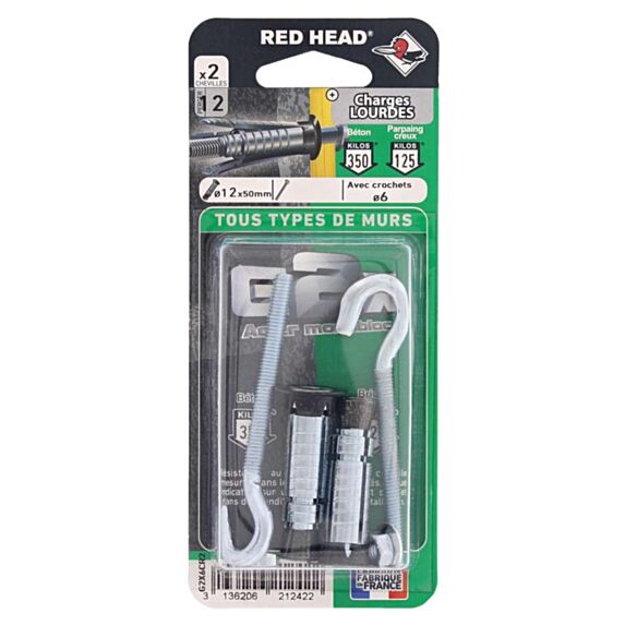 2 Chevilles G2X Ø12x50mm + 6 Crochets - RED HEAD