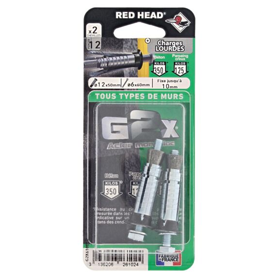 2 Chevilles G2X Ø12x50mm + Vis TH Ø6x60mm - RED HEAD