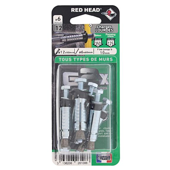 Lot de 6 chevilles G2X Ø12x50 mm + vis - RED HEAD