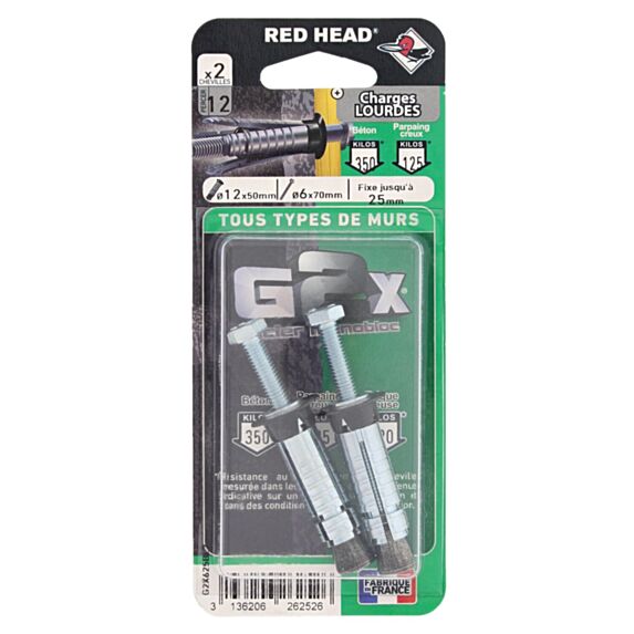 2 Chevilles G2X Ø12x50mm + Vis TH Ø6x70mm - RED HEAD